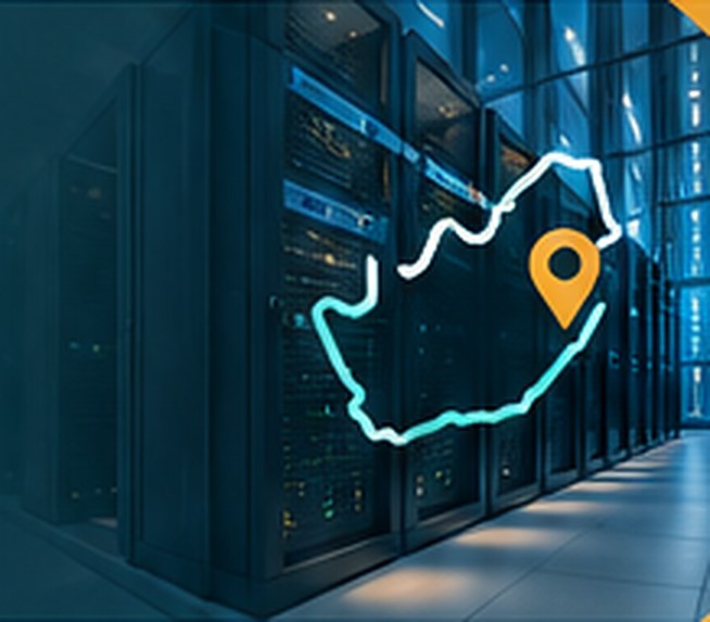 Data centre server aisle with an outline of South Africa
