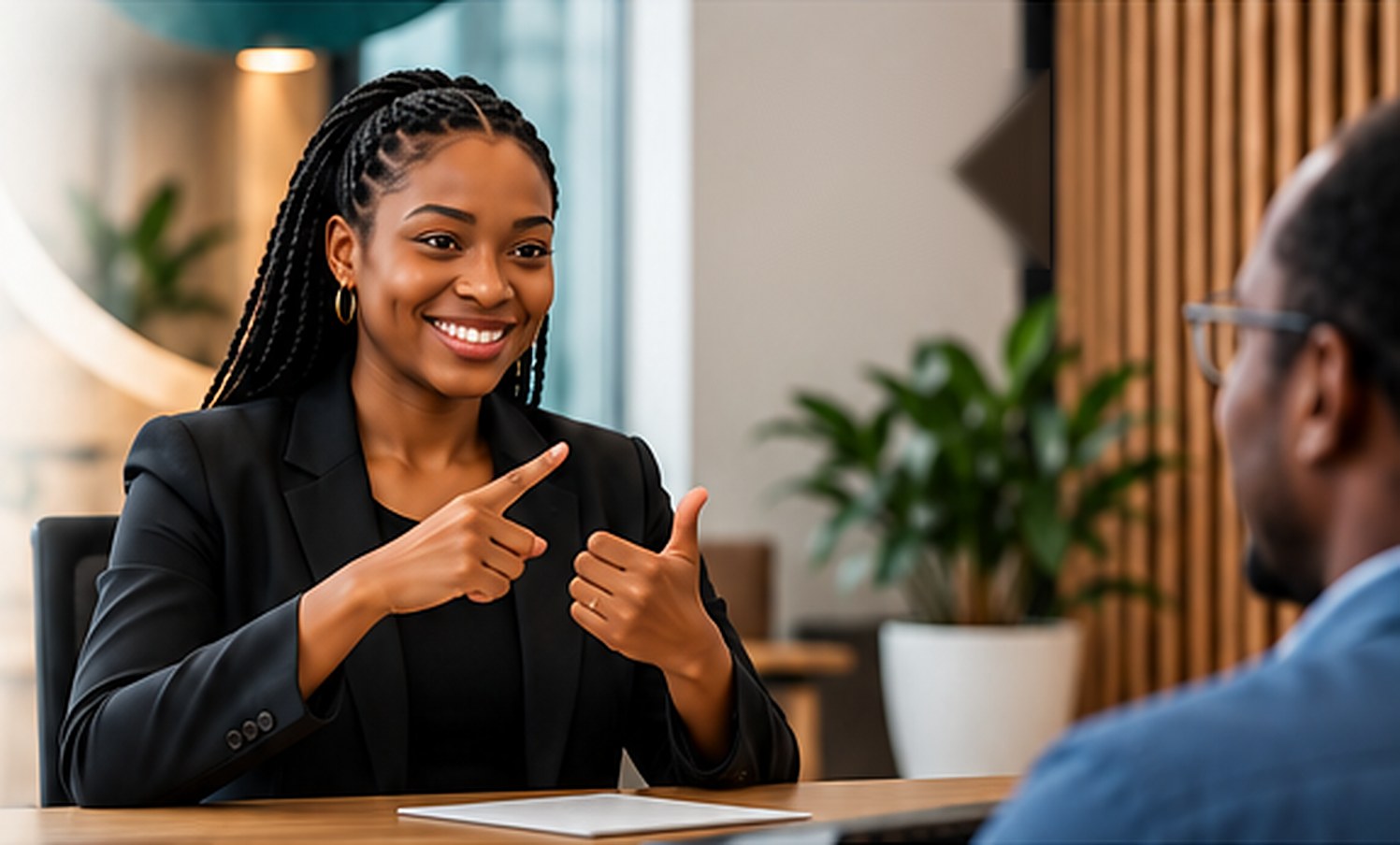SignBridge SA interpreter signing with a smile