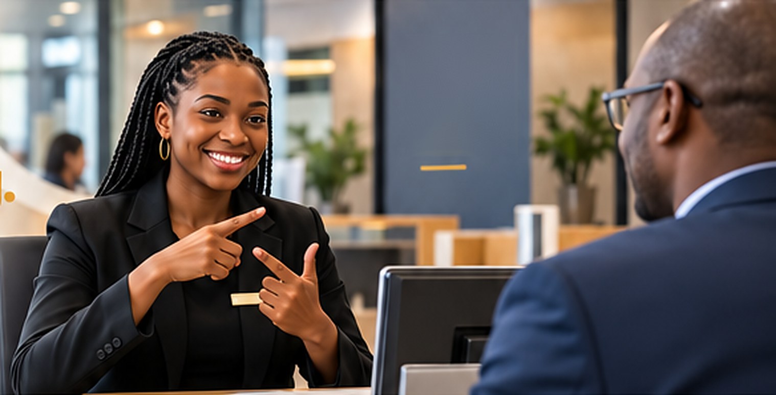 Bank consultant signing with a customer in a branch