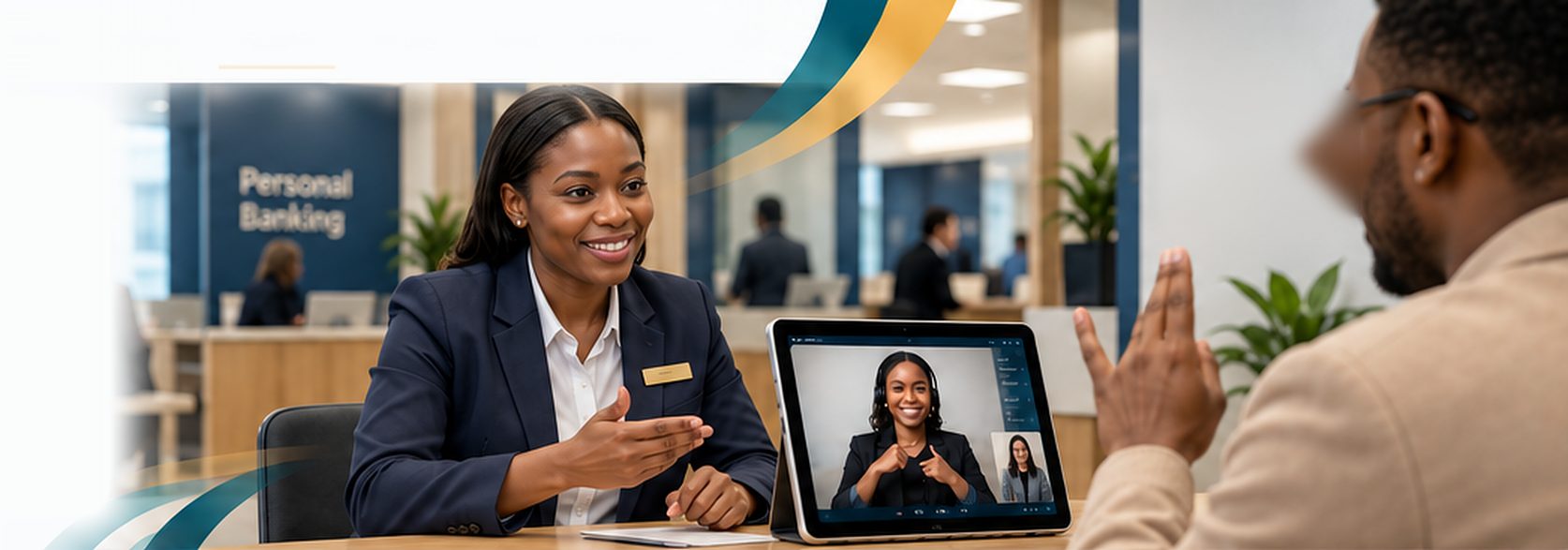 A bank consultant serving a Deaf customer with a SASL interpreter on a tablet