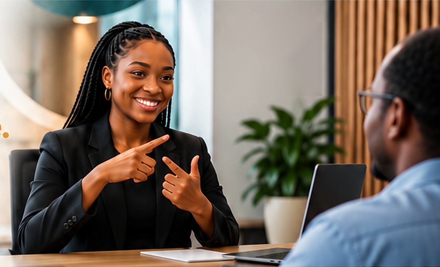Customer service agent communicating in sign language
