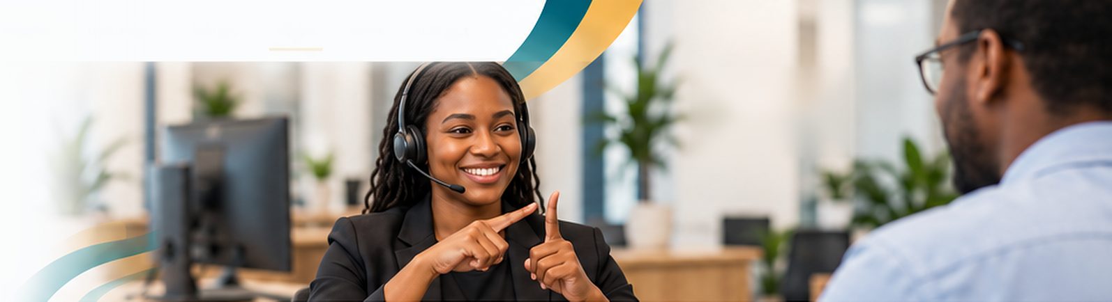 A SASL interpreter with a headset supporting a patient conversation
