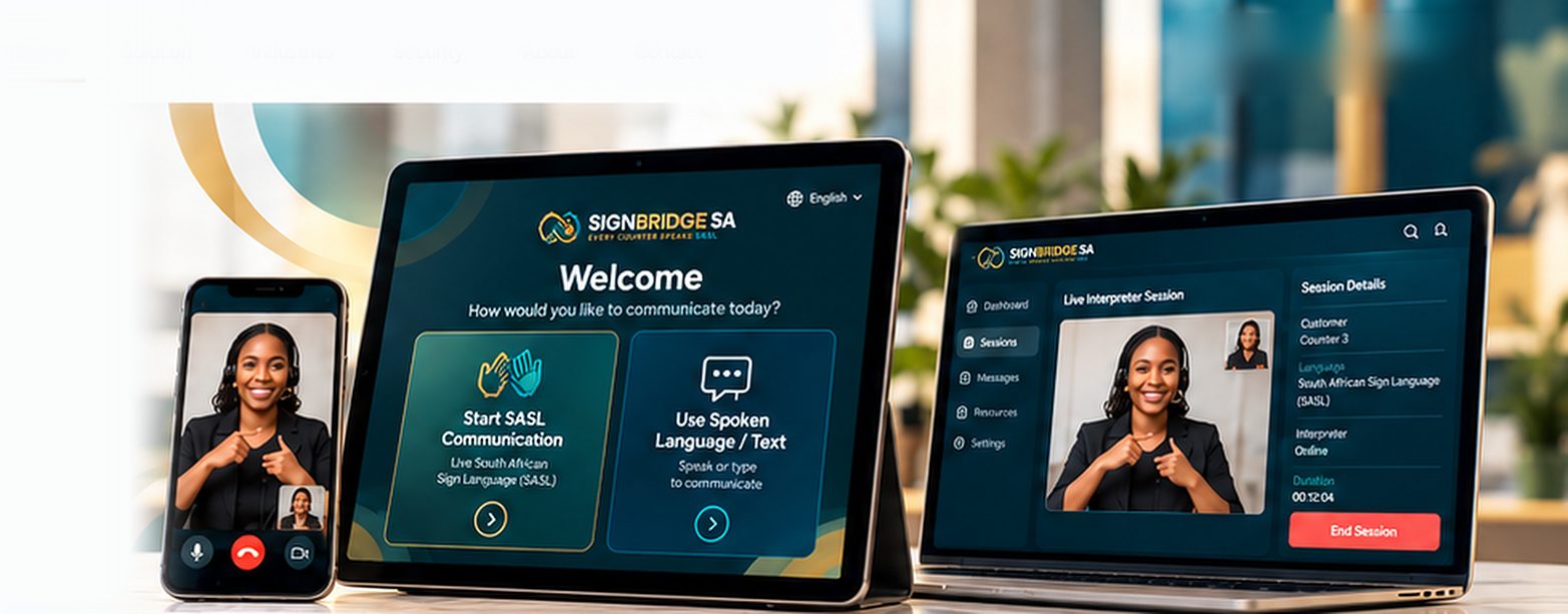 The SignBridge SA welcome screen on a tablet, a live interpreter on a phone and the consultant portal on a laptop