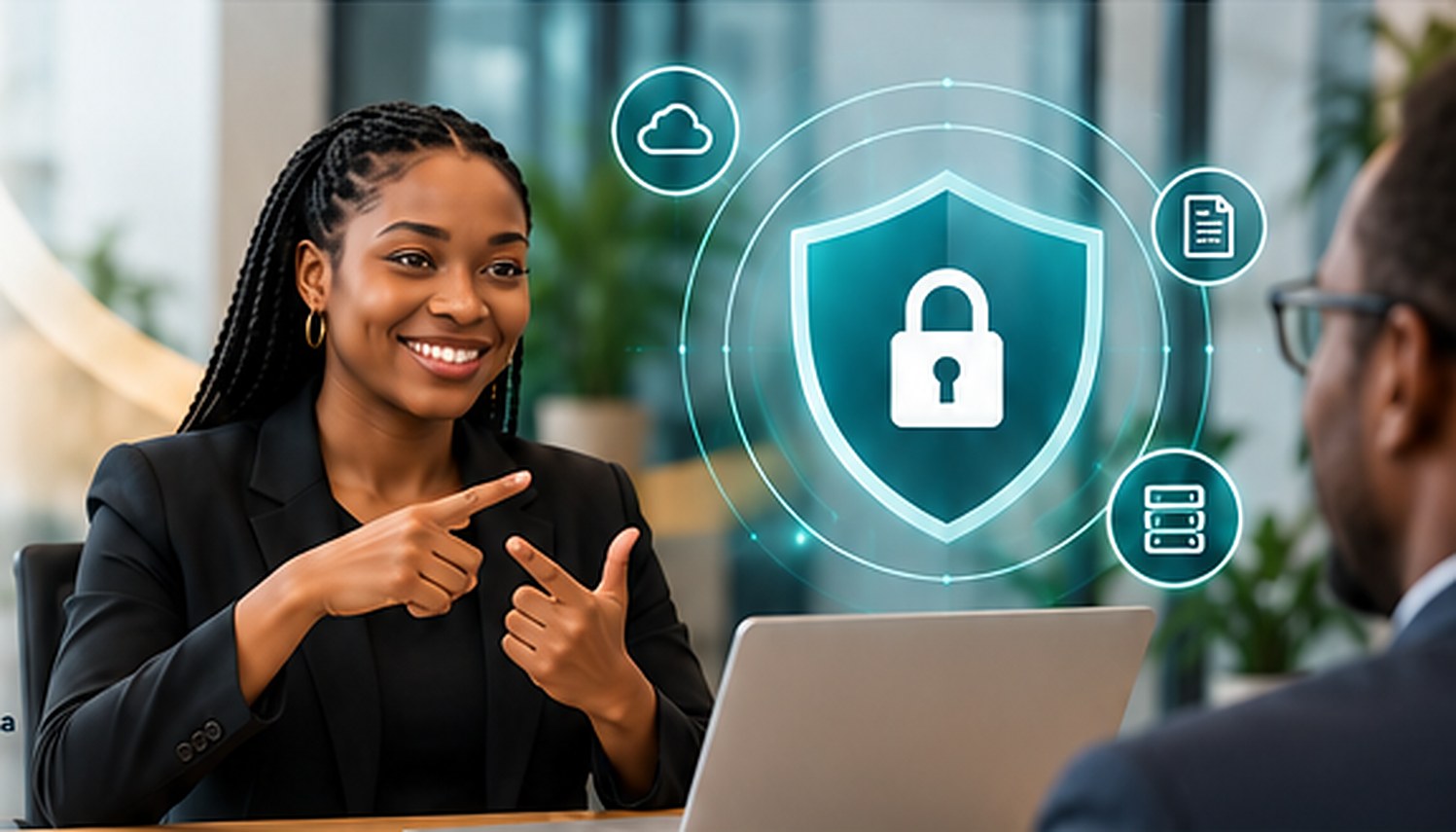 Interpreter signing beside a digital shield representing secure, encrypted sessions
