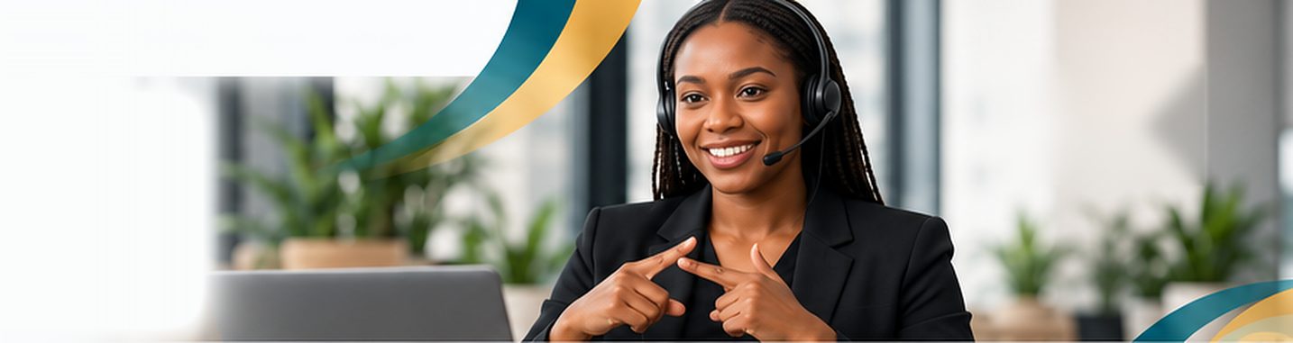 A SignBridge SA interpreter with a headset, signing